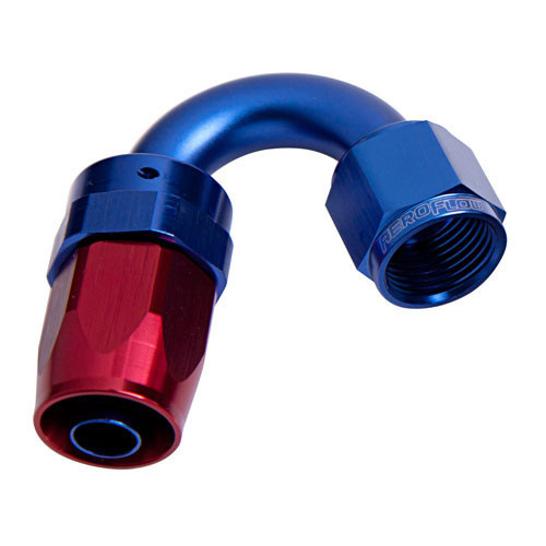 Aeroflow 100 Series Taper Hose End -04AN Female to -04AN Hose 150-Degree Blue/Red AF105-04